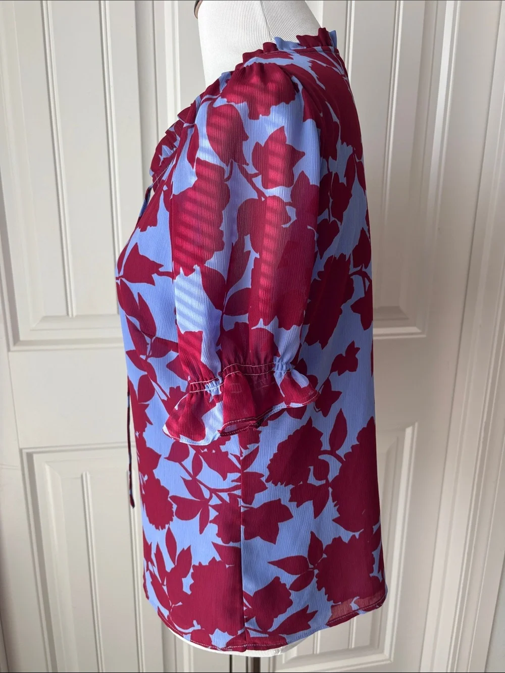 Women's Floral Tie-Neck Blouse in Blue and Burgundy